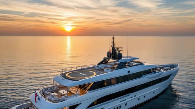 grand white superyacht cruises serene waters under vibrant sunset Its multi-deck structure reveals helipad various outdoor lounge areas with seating and sleek design bathed in golden light