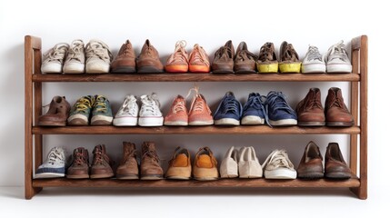 a collection of variously colored sneakers displayed in an organized manner behind glass on shelves