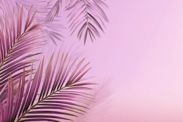A dreamy pink gradient background with stylized purple palm fronds in the upper left corner