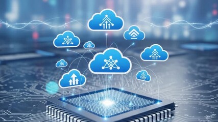microchip on circuit board powers numerous connected blue cloud icons symbolizing data processing and cloud computing Glowing lines represent network connections and digital infrastructure - Powered by Adobe