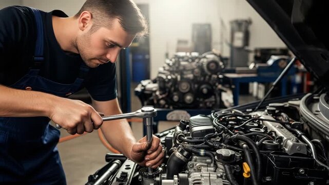 focused male mechanic in blue overall tightens car engine component with ratchet wrench The open hood reveals complex engine parts wires and hoses in professional repair workshop