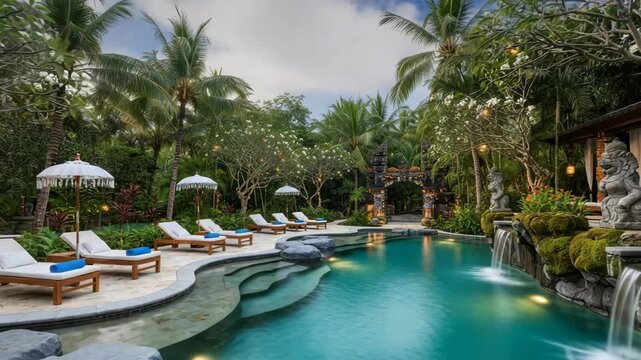 tropical pool area with clear blue water multiple waterfalls and stone statues Sun loungers with white cushions and fringed umbrellas line the edge surrounded by lush palms and flowering trees