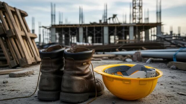 pair of worn brown work boots and yellow hard hat lie on dusty ground at construction site with an unfinished concrete building and wooden pallets in the background under cloudy sky