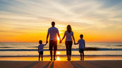 family of four two adults and two children stands hand-in-hand on beach silhouetted against vibrant orange and yellow sunset over the calm ocean reflecting the warm light
