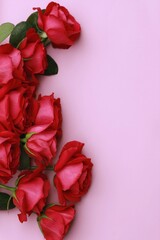Red roses, bouquet of flowers, top view, free space, place for text, background