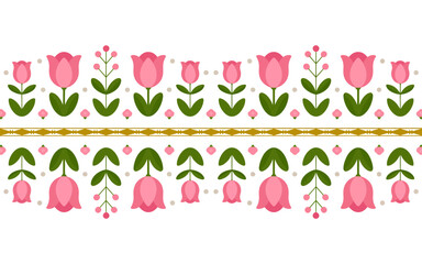 Fototapeta premium Elegant Floral Pattern Featuring Pink Tulips and Green Leaves on White Background Artistic Springtime Design