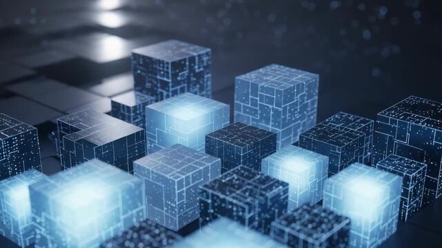 futuristic digital landscape composed of interconnected translucent cubes with glowing blue centers and intricate circuit patterns on their surfaces arranged on dark grid symbolizing data flow - Powered by Adobe