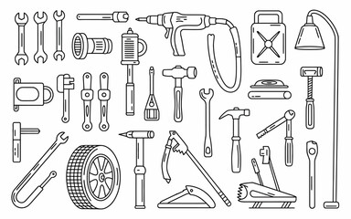 Hand Drawn Line Art of Automotive Tools Collection for Mechanic Services and Garages in Detailed Black and White