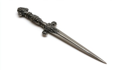 a large ornate metal dagger with intricate designs, set against a white background