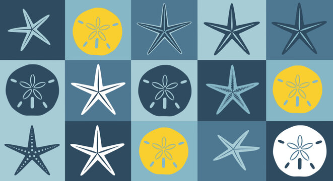 A modern graphic pattern of starfish and sand dollars.