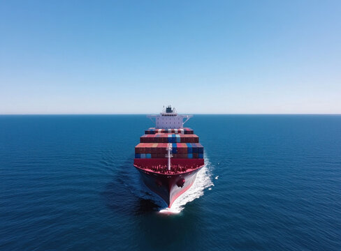 A large cargo ship sails through a calm blue ocean, with stacked colorful containers towering amidship as it glides toward the horizon under a bright, clear sky.