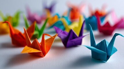 a vibrant array of origami cranes in multiple colors displayed against a light background