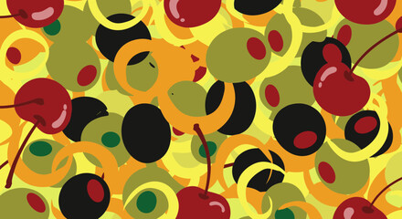 Colorful assortment of olives and cherries arranged on a yellow background.