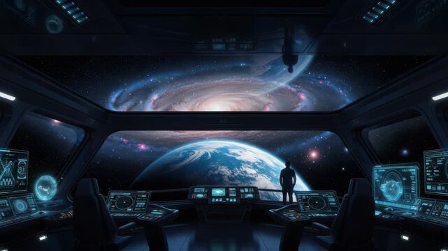 futuristic spacecraft bridge overlooks majestic spiral galaxy and vibrant blue planet A lone figure stands back to viewer surrounded by glowing holographic controls contemplating the vastness of space
