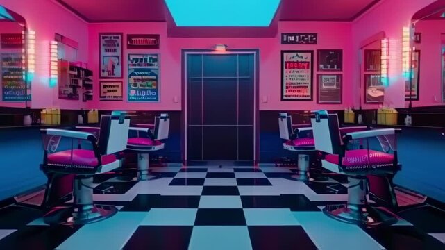 Vaporwave barber shop interior with checkered floor and vibrant neon lighting is the ultimate in