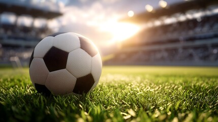 Fototapeta premium Soccer Ball on Field During Sunset at Empty Stadium