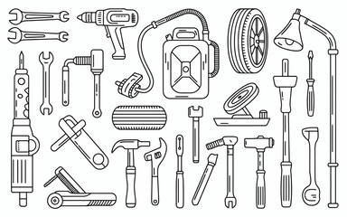 Mechanic Tool Set Line Art Illustration Seamless Automotive Repair Equipment Garage Icons Black and White Design Pattern