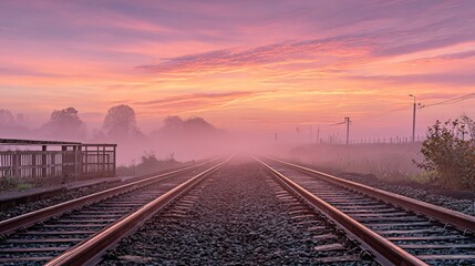Fototapeta premium Railway tracks stretch into a foggy landscape under a colorful sky at dawn.