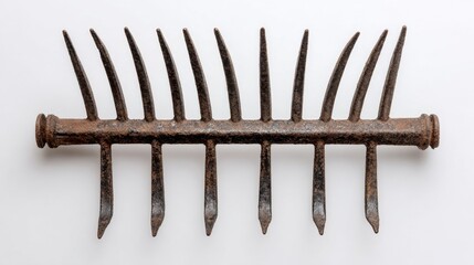 an antique wrought iron gate or railing. the metal has aged with visible rust and a worn texture. it appears to be composed of interlocking vertical bars with pointed ends