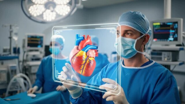 surgeon in blue scrubs mask and cap wearing gloves interacts with glowing detailed holographic human heart model in modern operating room with medical equipment and other staff