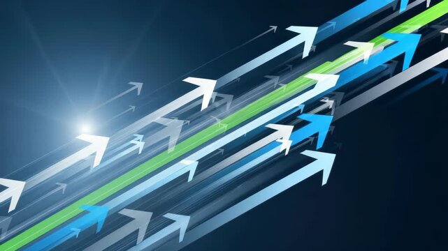 Multiple dynamic arrows in white blue and green surge upwards diagonally on dark blue background illuminated by bright light They convey progress growth and forward momentum