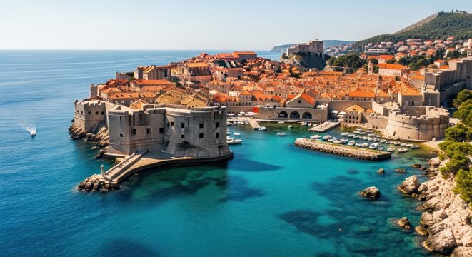 Ancient walled coastal city, red roofs, harbor, clear blue sea - Powered by Adobe