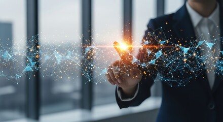 Business suit hand interacts with futuristic data network