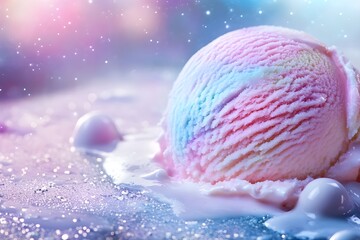 Indulge in a delightful scoop of rainbow ice cream melting in a dreamy pastel wonderland, perfect for summer ads, dessert promotions, or vibrant food blogs