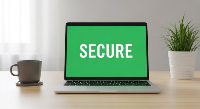 Open laptop with secure word on screen. Computer security concept. Data protection for personal information. Internet cybersecurity.
