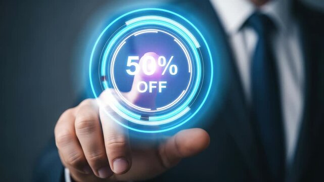 50 off sale promotion with businessman touching virtual button