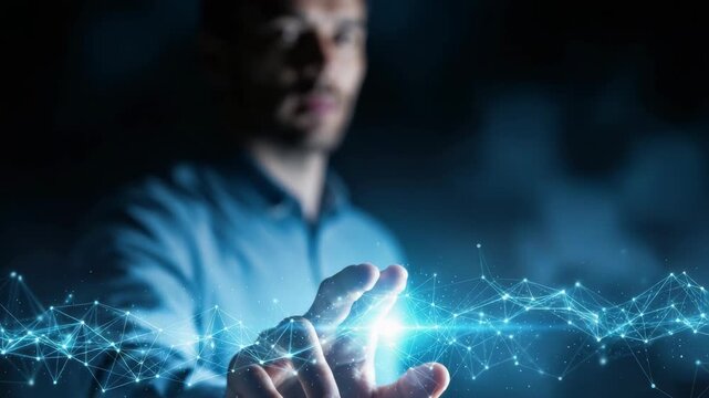 blurred person in blue extends hand touching glowing blue digital network of interconnected lines and dots Bright light from fingertips symbolizes connection and advanced tech in dark futuristic scene