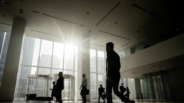 sunlit expansive modern building lobby with high ceilings and large windows showcasing silhouetted business people walking with briefcases and bags A mezzanine level is visible above