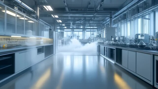 Modern science laboratory interior with advanced equipment and sterile environment in research