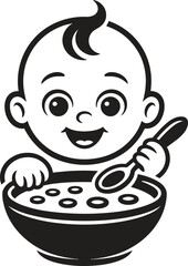 Happy baby eating cereal from a bowl with a spoon