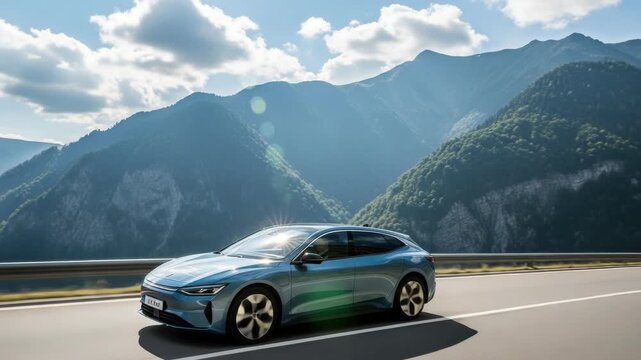 sleek teal-colored electric vehicle is in motion on sunlit mountain highway Layered green peaks dominate the background under blue cloudy sky Sun glare highlights its modern design