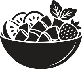 Simple black and white illustration of a bowl of fresh fruit salad
