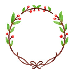 水彩で描いた赤い実と葉のナチュラルなボタニカルフレーム.