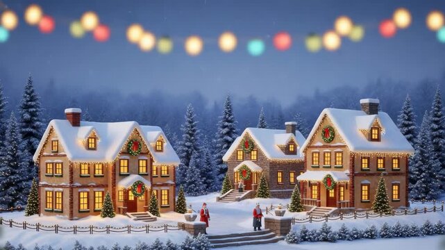 charming snow-covered village features three illuminated houses adorned with festive wreaths and string lights Two red-suited figures stand on snowy path surrounded by evergreen trees and blurred colo