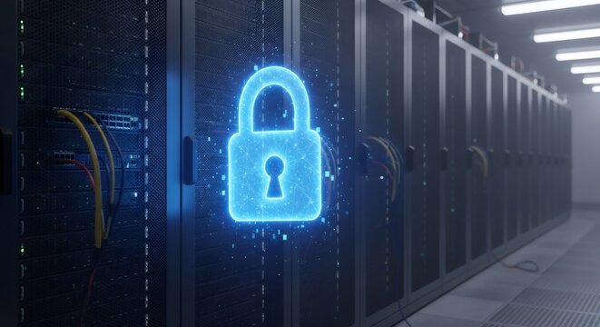 Glowing blue padlock icon over server rack. Data security and network protection concept in IT infrastructure.