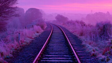 Fototapeta premium Railroad tracks stretch into a misty landscape under a purple and pink sky.