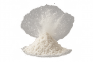 White flour powder exploding from a heap, scattering fine dust particles, baking ingredient with transparent background