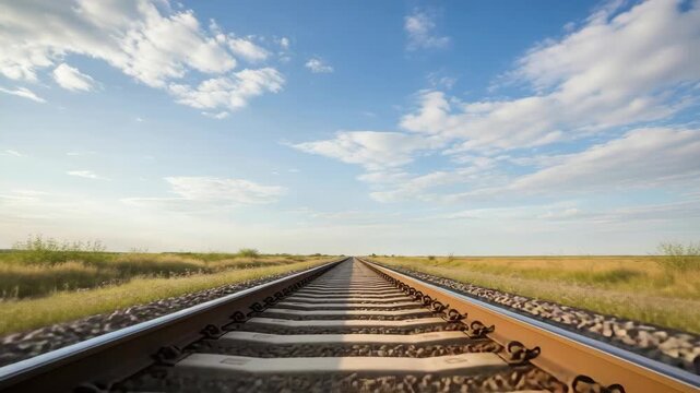 Long railroad tracks stretch into the distance under vast blue sky with scattered clouds Green and golden grassy fields border the tracks conveying sense of journey and open plains