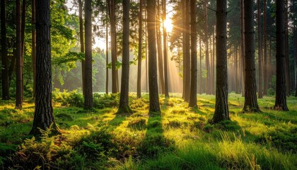 Sunlit Forest Scene with Tall Trees and Greenery in Morning Light