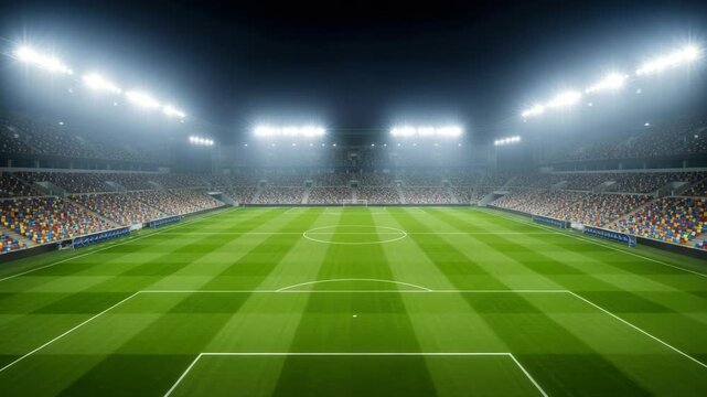 vast empty sports arena at night brightly lit by numerous floodlights The meticulously striped green grass pitch features clear white markings Multi-colored spectator seats fill the tiered stands