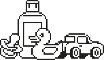 Pixel art illustration of bath time toys and soap bottle