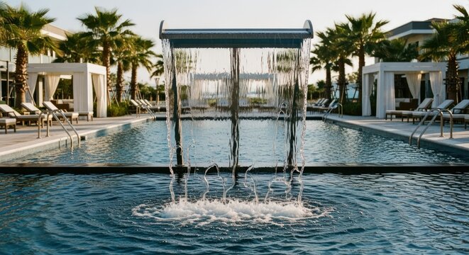 Luxurious resort pool with waterfall, palm trees, cabanas, and lounge chairs