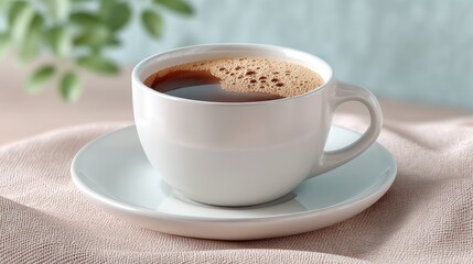 Fototapeta premium Elegant White Coffee Cup on Saucer with Brown Beverage and Greenery in Background Cinematic HDR Still Life