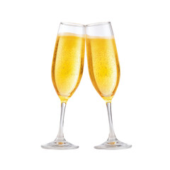 Two Champagne Flutes Clinking Together in Celebration with Bubbles and Sparkling Drink in a Festive Atmosphere