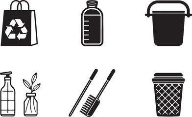 Flat black silhouette icon set of zero waste household products