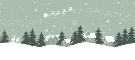 Christmas Background. Seamless Border. Winter Village. Landscape. Santa Claus is Riding Across Sky on Deer with Plume. White Houses Silhouettes, Dark Green Fir Trees on Light Green Background. Vector